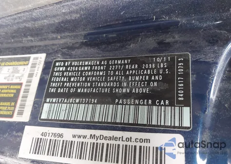 2012 Volkswagen Gti 2-Door from USA, damaged, VIN WVWEV7AJ8CW137194